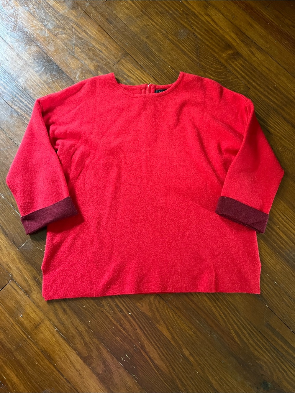Tahari Bright Red Crewneck Sweater with Burgundy Cuffs